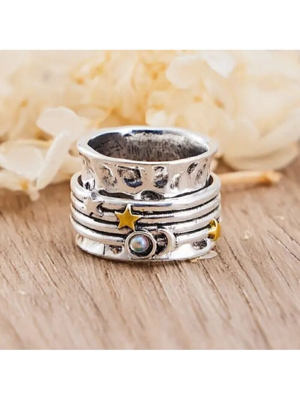 Sun, Star and Moon Boho Spinner Fidget Ring #1359